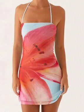 Y2K Halter Flower Print Slim Mini Bodycon Dress